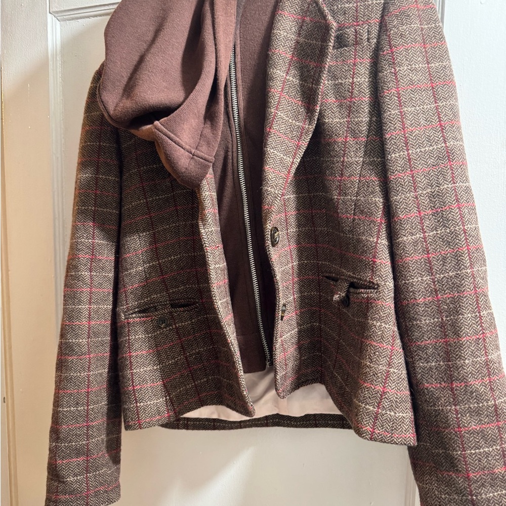 Tommy Hilfiger Plaid Blazer combo hoodie Jacket ** TEAR IN LINING SMALL**
